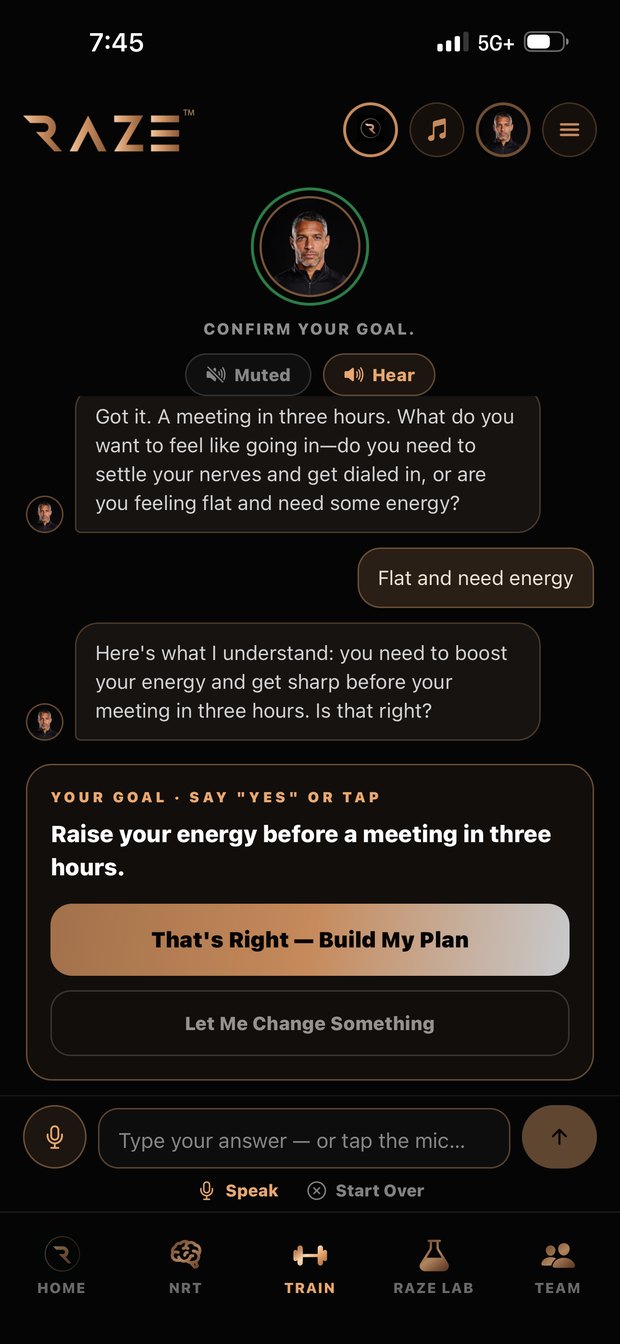 RAZE Train — the coach confirms your goal before it builds the session