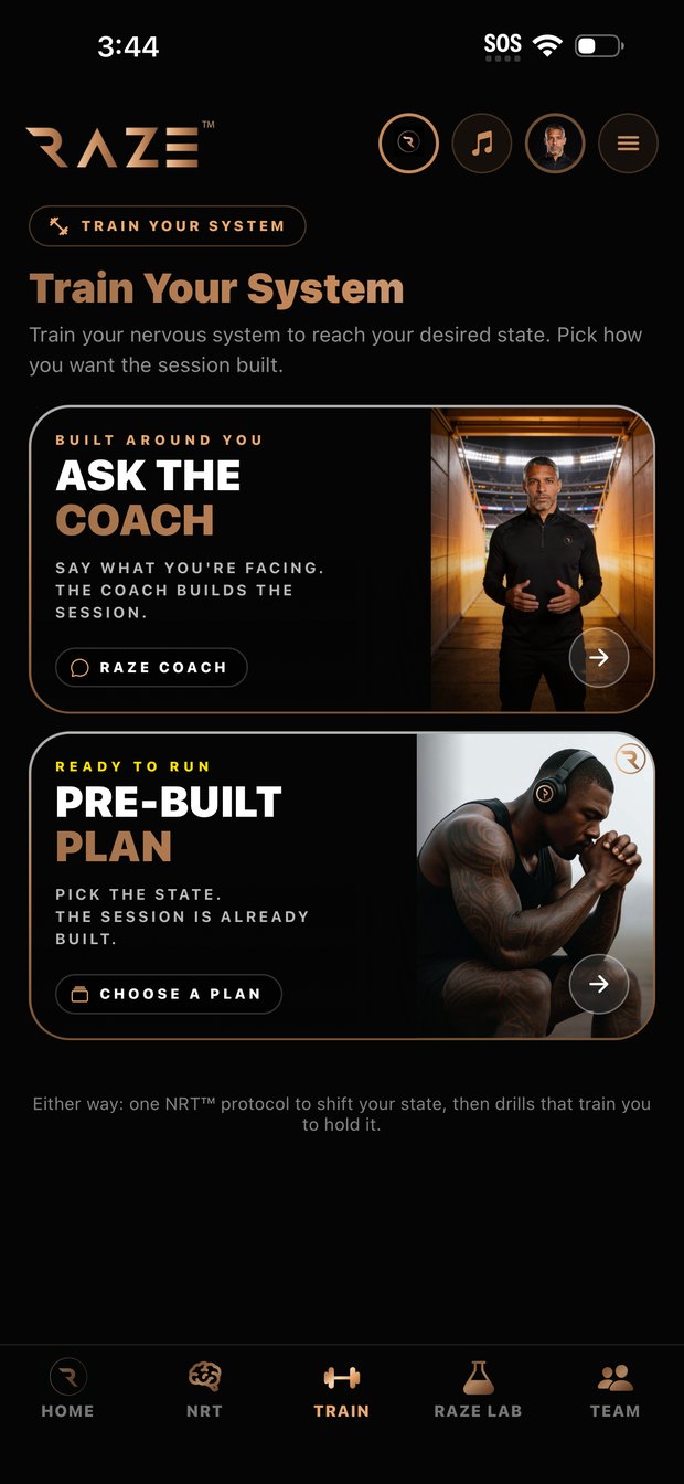 RAZE Train — talk to the coach or pick a pre-built plan